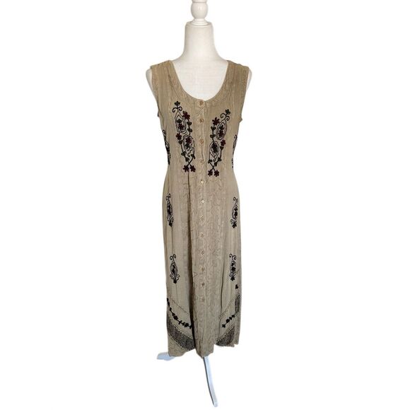 Vintage 90s Boho floral fairy embroidered button-down tan maxi dress - Picture 1 of 11